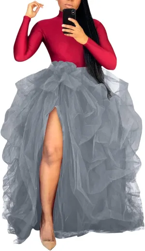 Women Tulle Long Skirt High Waist Ruffle Floor Length Dresses Wedding Guest Plus Size Dress Sexy Slit Puffy Maxi Skirts