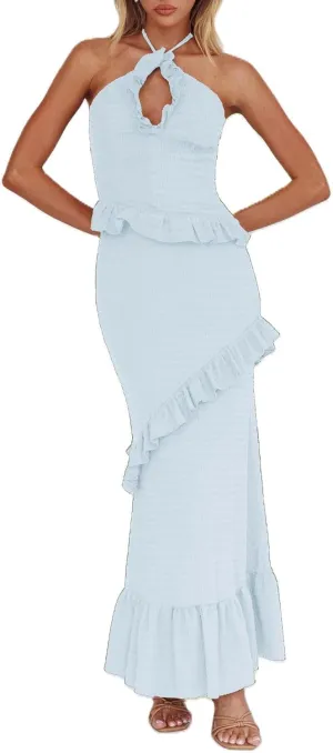 Women Y2k 2 Piece Maxi Skirt Set Lace Up Backless Tank Top Flowy Ruffle Long Skirt Outfits Going Out Streetwear