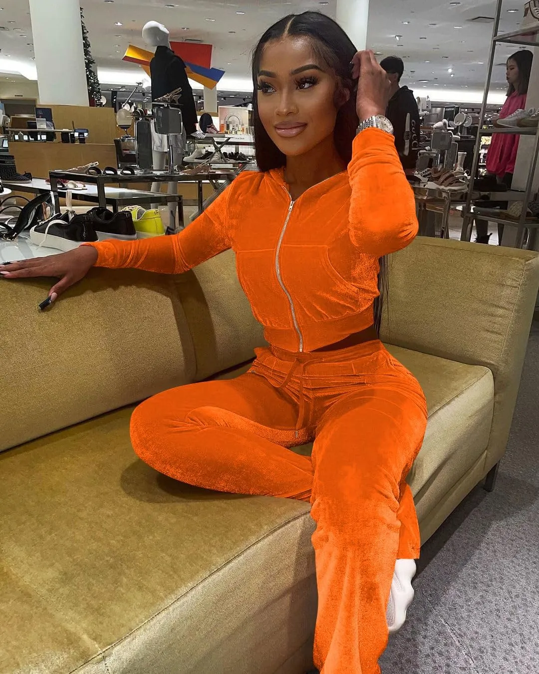 Womens 2 Piece Velour Tracksuit Two Piece Outfits for Women, Long Sleeve Crop Tops Flared Pants Jogging Sets