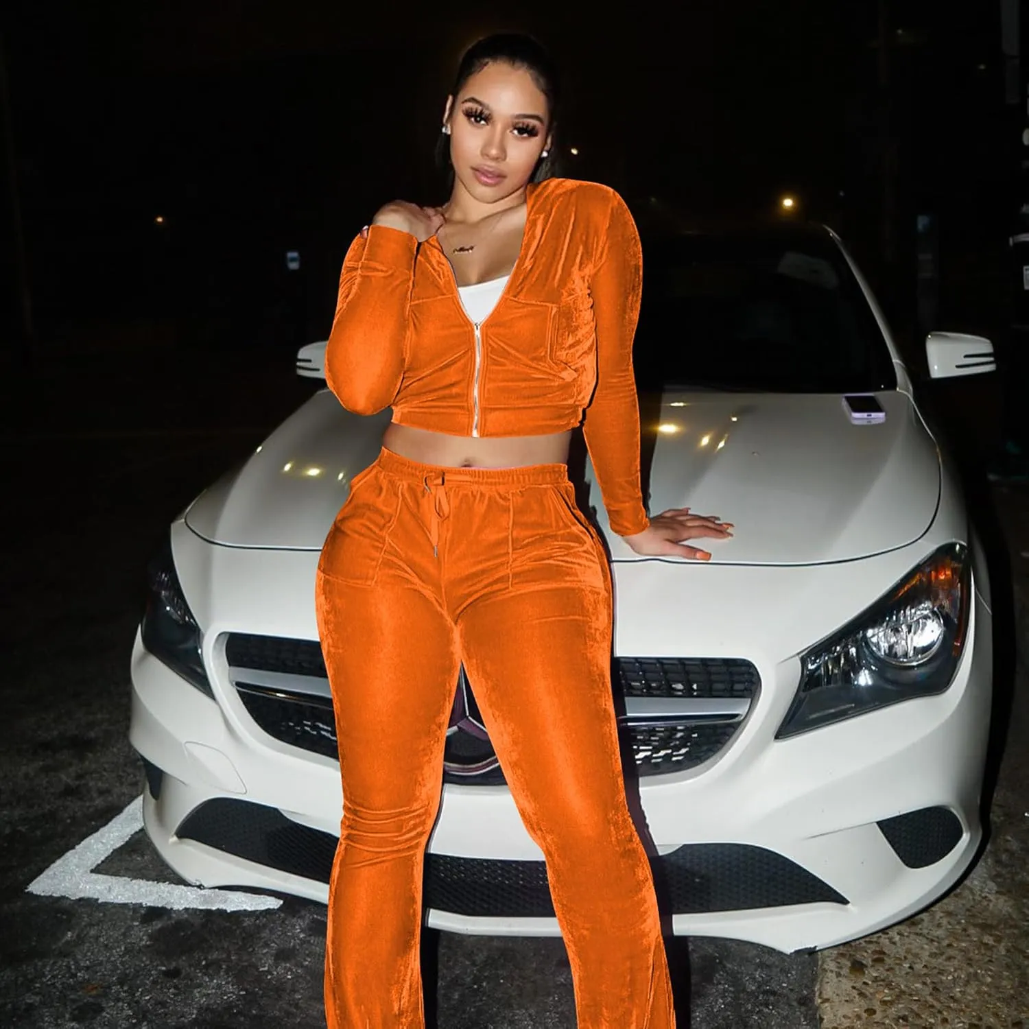 Womens 2 Piece Velour Tracksuit Two Piece Outfits for Women, Long Sleeve Crop Tops Flared Pants Jogging Sets