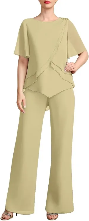 Women's 2 Pieces Separates Jumpsuit/Pantsuit Scoop Chiffon Outfits Mother of The Bride Dress with Beading