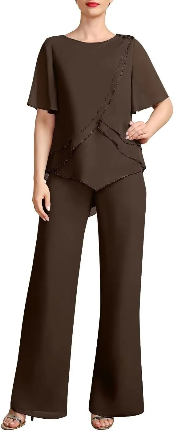 Women's 2 Pieces Separates Jumpsuit/Pantsuit Scoop Chiffon Outfits Mother of The Bride Dress with Beading