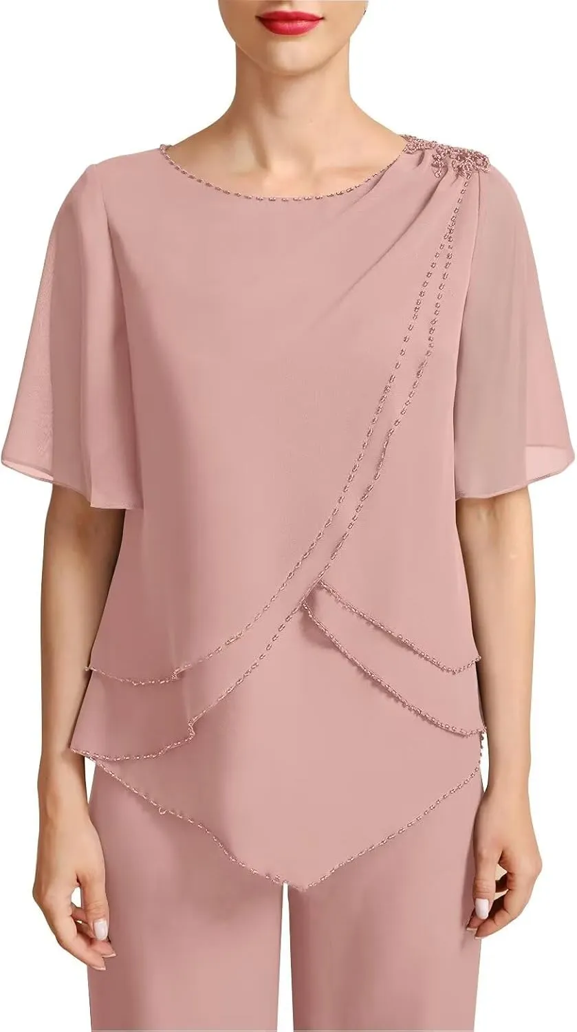 Women's 2 Pieces Separates Jumpsuit/Pantsuit Scoop Chiffon Outfits Mother of The Bride Dress with Beading