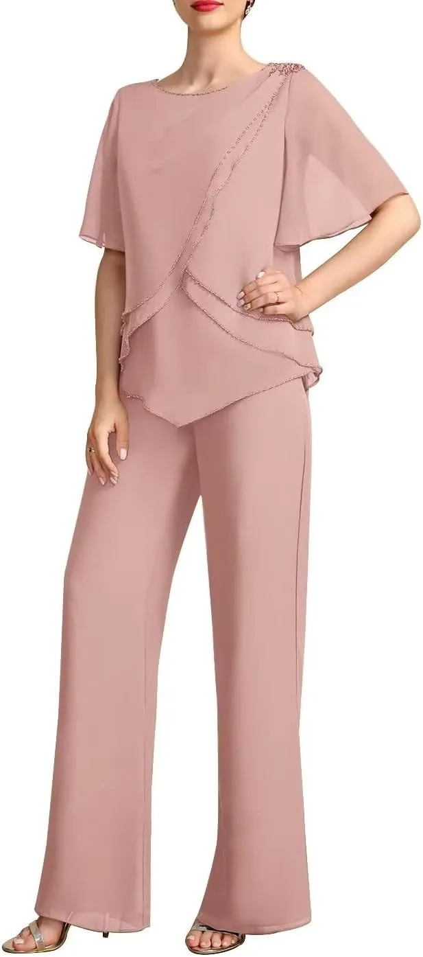 Women's 2 Pieces Separates Jumpsuit/Pantsuit Scoop Chiffon Outfits Mother of The Bride Dress with Beading
