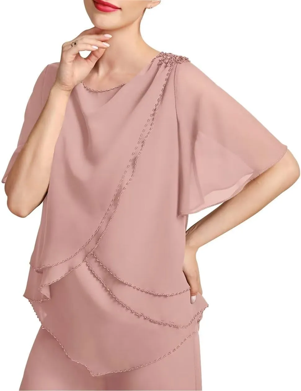Women's 2 Pieces Separates Jumpsuit/Pantsuit Scoop Chiffon Outfits Mother of The Bride Dress with Beading