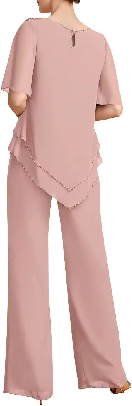 Women's 2 Pieces Separates Jumpsuit/Pantsuit Scoop Chiffon Outfits Mother of The Bride Dress with Beading