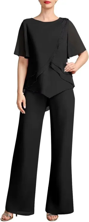 Women's 2 Pieces Separates Jumpsuit/Pantsuit Scoop Chiffon Outfits Mother of The Bride Dress with Beading