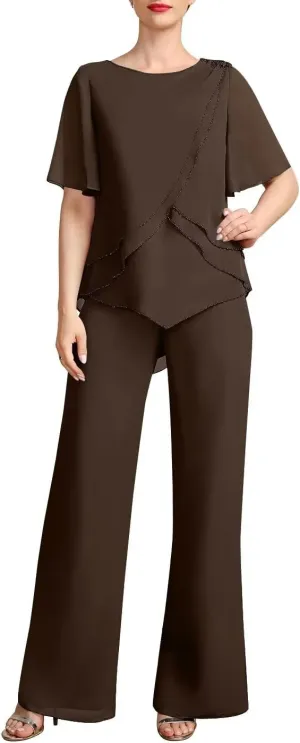 Women's 2 Pieces Separates Jumpsuit/Pantsuit Scoop Chiffon Outfits Mother of The Bride Dress with Beading