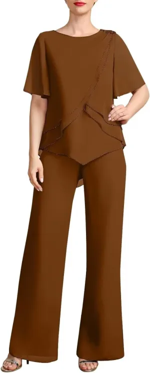 Women's 2 Pieces Separates Jumpsuit/Pantsuit Scoop Chiffon Outfits Mother of The Bride Dress with Beading