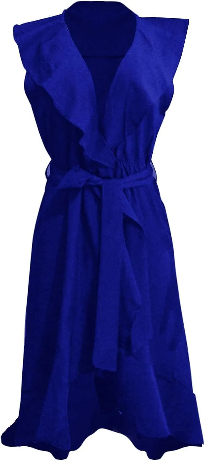 Women's 2025 Summer Wrap Midi Dress Casual Boho Deep V Neck Short Sleeve Ruffle Hem Split Beach Elegance Long Dresses