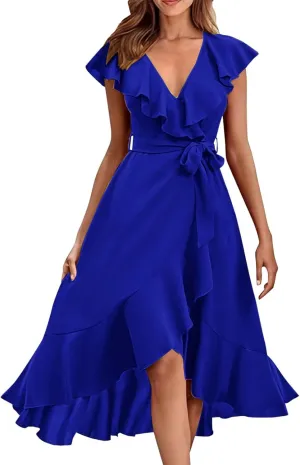 Women's 2025 Summer Wrap Midi Dress Casual Boho Deep V Neck Short Sleeve Ruffle Hem Split Beach Elegance Long Dresses