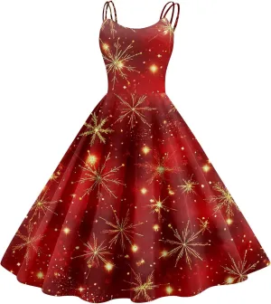 Women's Christmas Dress 1950S Retro Sleeveless Spaghetti Strap Party Dress 2024 Trendy Swing A-Line Flare Dresses