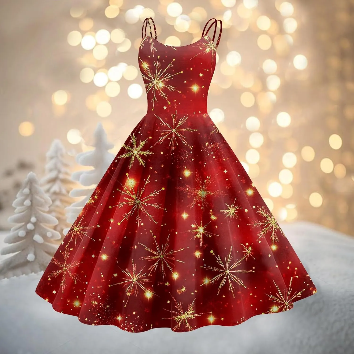 Women's Christmas Dress 1950S Retro Sleeveless Spaghetti Strap Party Dress 2024 Trendy Swing A-Line Flare Dresses