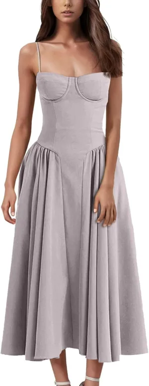 Womens Corset Dress Spaghetti Strap Bustier Midi Dress Pleated Hem Elegant Low Cut Prom Dresses with Pockets