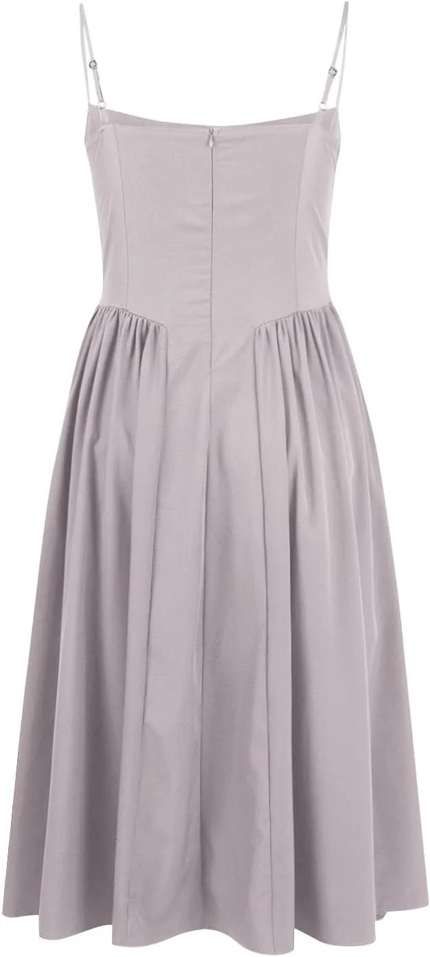 Womens Corset Dress Spaghetti Strap Bustier Midi Dress Pleated Hem Elegant Low Cut Prom Dresses with Pockets