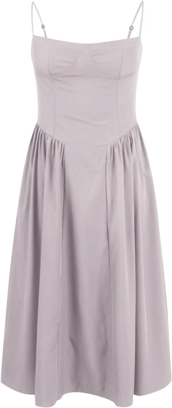 Womens Corset Dress Spaghetti Strap Bustier Midi Dress Pleated Hem Elegant Low Cut Prom Dresses with Pockets