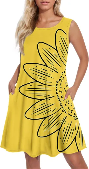 Womens Dresses Spring Tank Sundresses Cover Up Sleeveless Patterned Short Dresses Beach Summer Flowy Dress with Pocket