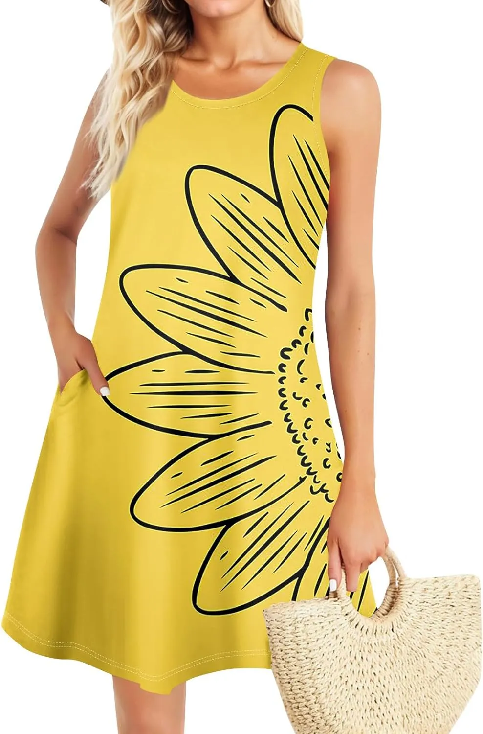 Womens Dresses Spring Tank Sundresses Cover Up Sleeveless Patterned Short Dresses Beach Summer Flowy Dress with Pocket