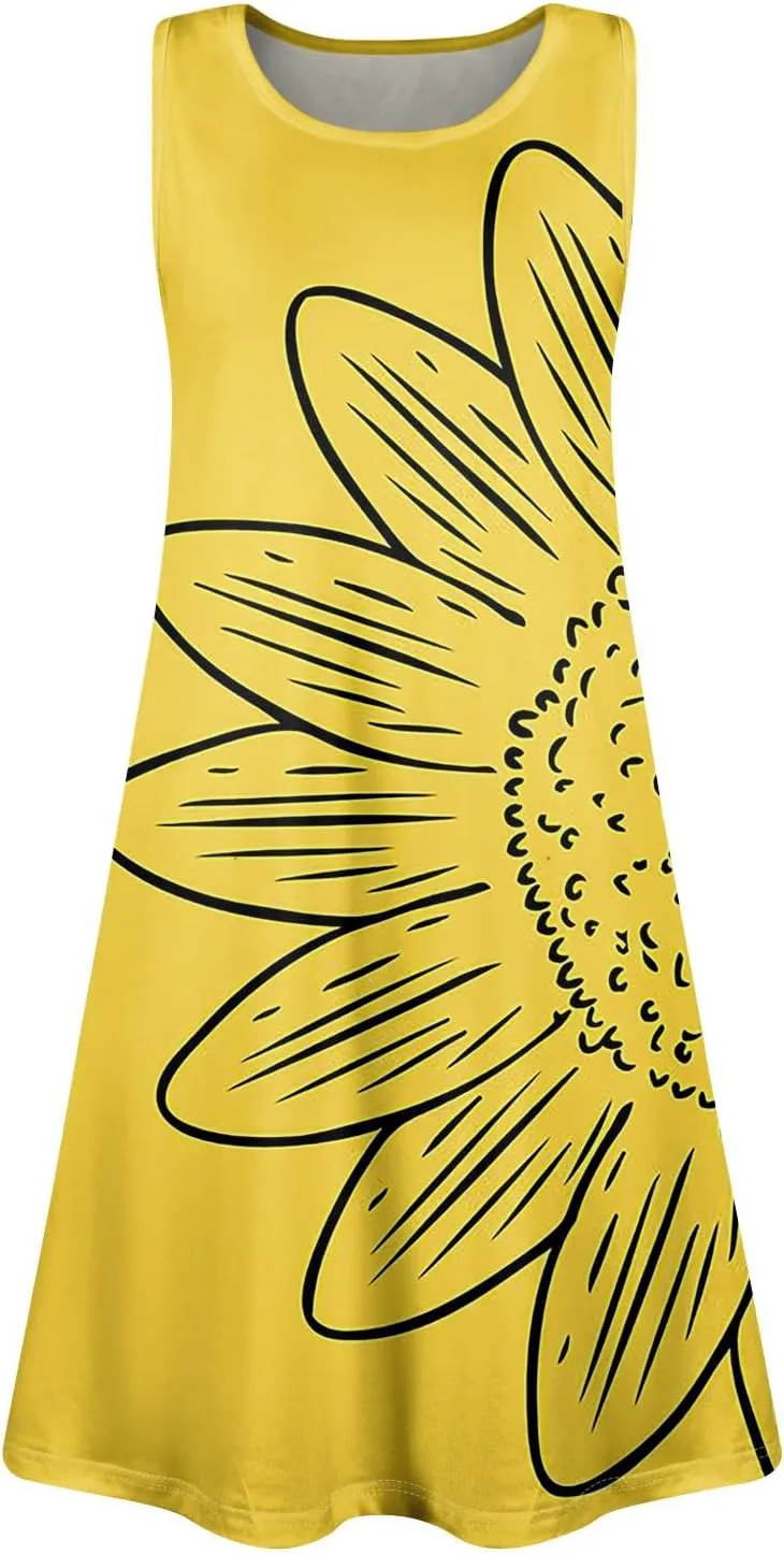 Womens Dresses Spring Tank Sundresses Cover Up Sleeveless Patterned Short Dresses Beach Summer Flowy Dress with Pocket