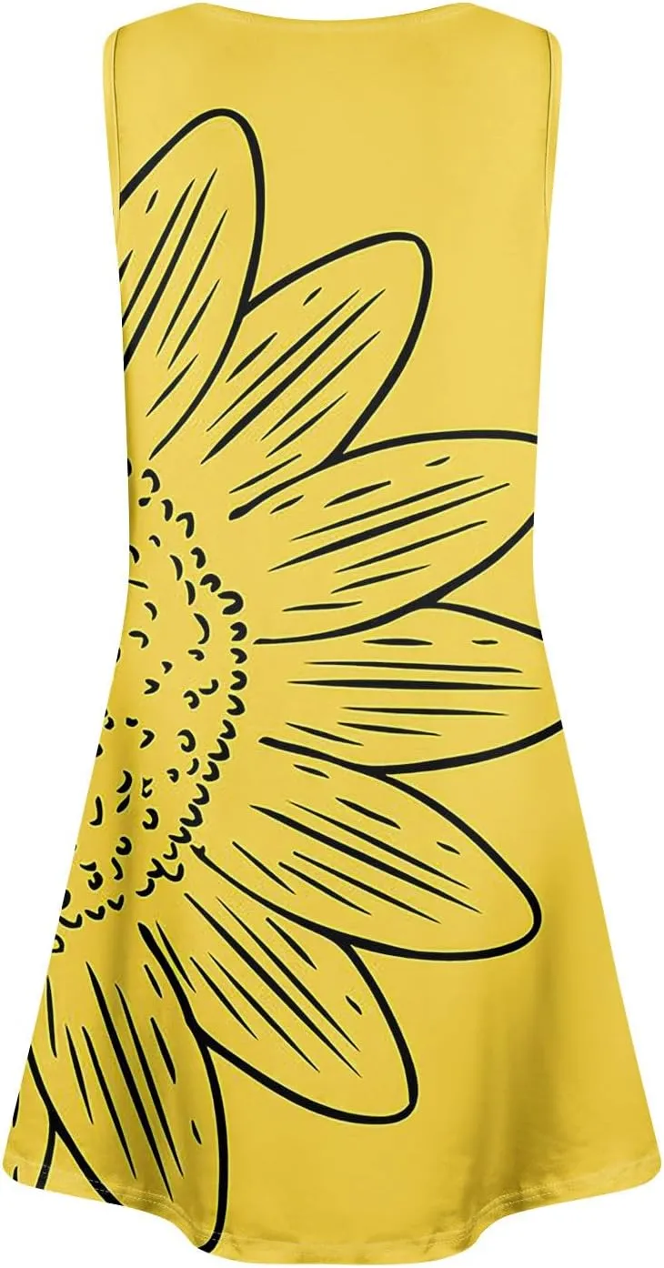 Womens Dresses Spring Tank Sundresses Cover Up Sleeveless Patterned Short Dresses Beach Summer Flowy Dress with Pocket