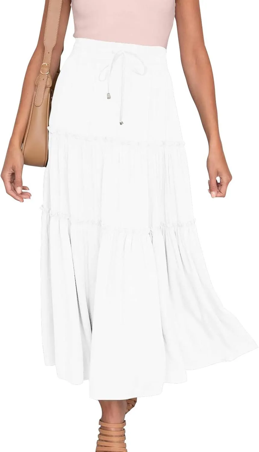 Women's Flowy Boho Maxi Skirt Elastic High Waist Tie A Line Dress Pleated Tiered Summer Casual Beach Long Skirts