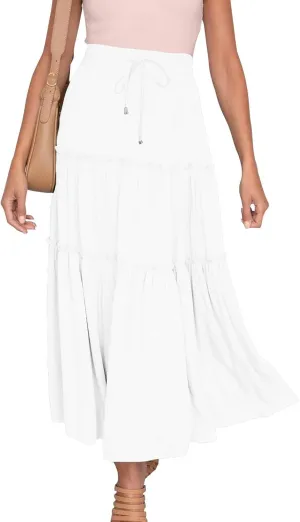 Women's Flowy Boho Maxi Skirt Elastic High Waist Tie A Line Dress Pleated Tiered Summer Casual Beach Long Skirts