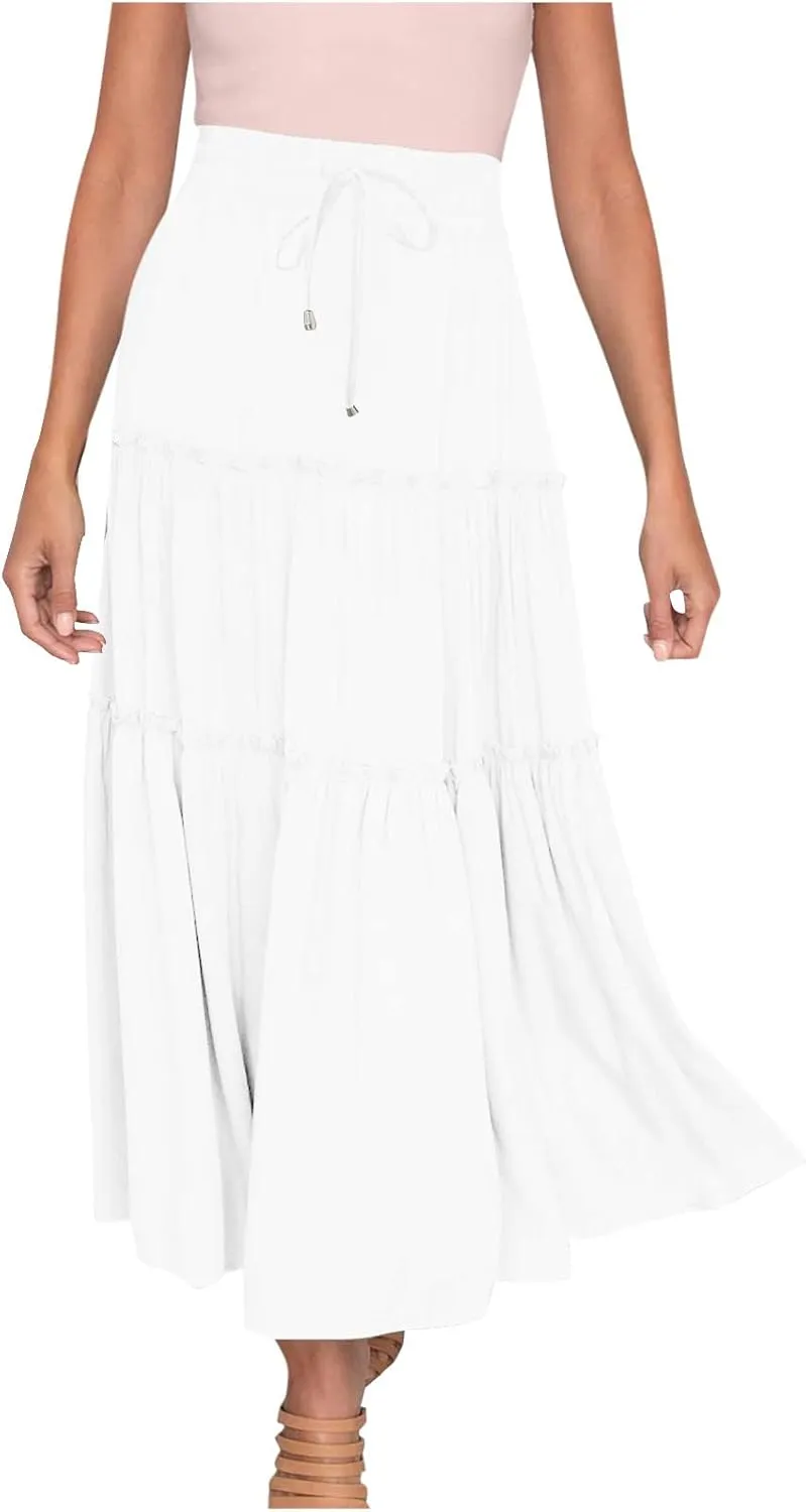 Women's Flowy Boho Maxi Skirt Elastic High Waist Tie A Line Dress Pleated Tiered Summer Casual Beach Long Skirts