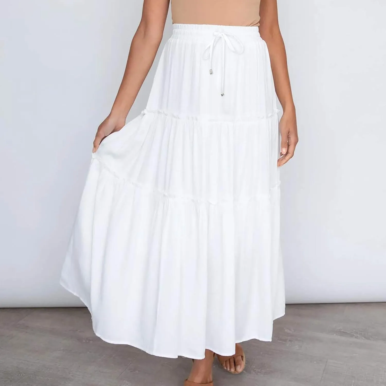 Women's Flowy Boho Maxi Skirt Elastic High Waist Tie A Line Dress Pleated Tiered Summer Casual Beach Long Skirts