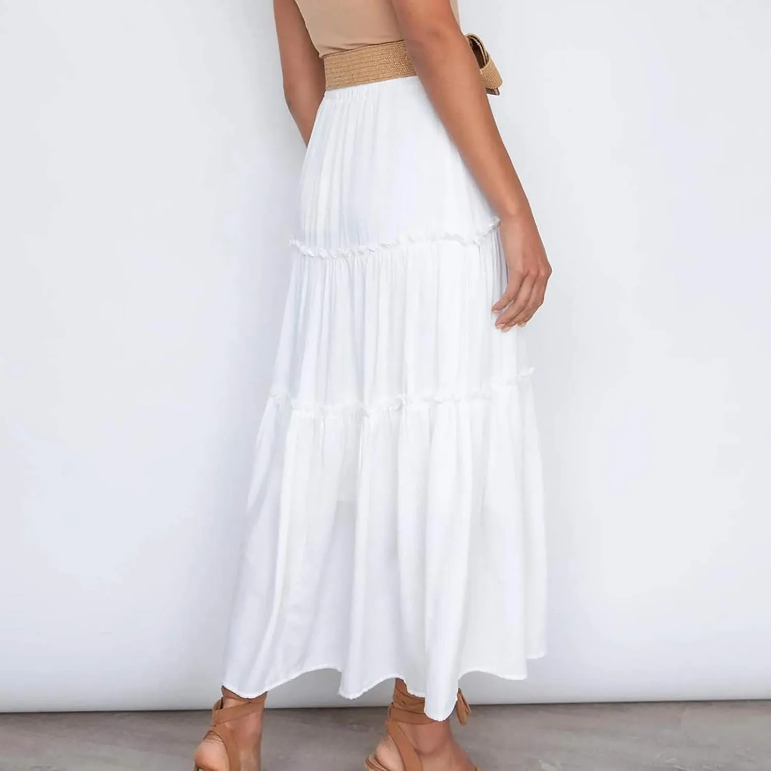 Women's Flowy Boho Maxi Skirt Elastic High Waist Tie A Line Dress Pleated Tiered Summer Casual Beach Long Skirts