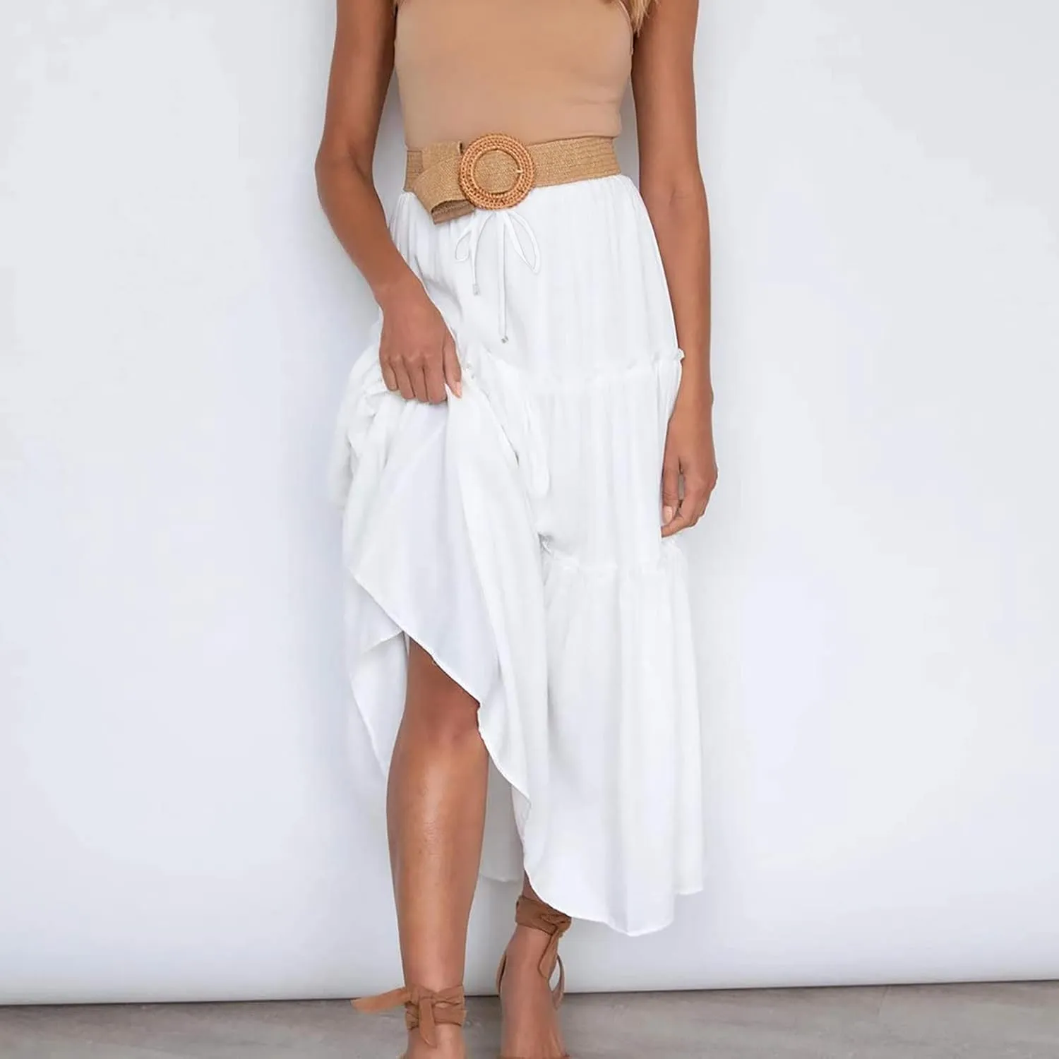 Women's Flowy Boho Maxi Skirt Elastic High Waist Tie A Line Dress Pleated Tiered Summer Casual Beach Long Skirts