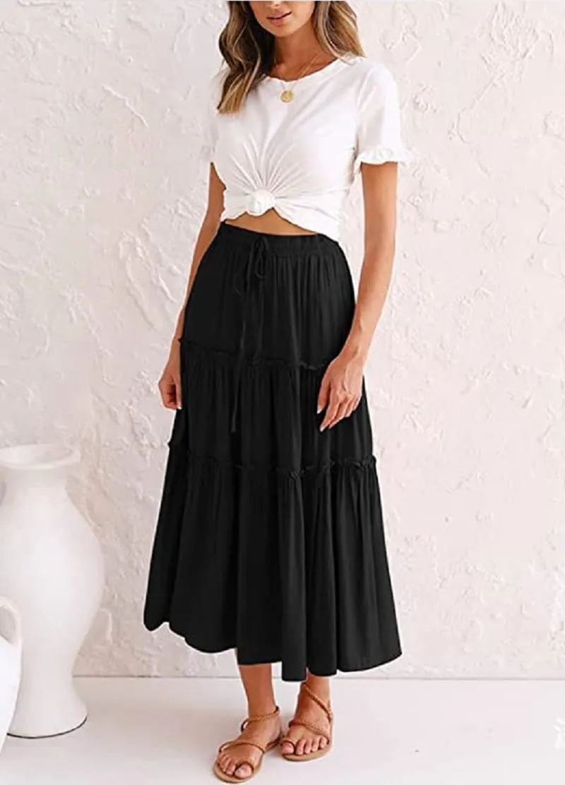 Women's Flowy Maxi Skirt A-Line Pleated Drawstring Skirt Elastic Waist Boho Summer Long Beach Dress