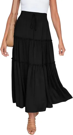 Women's Flowy Maxi Skirt A-Line Pleated Drawstring Skirt Elastic Waist Boho Summer Long Beach Dress