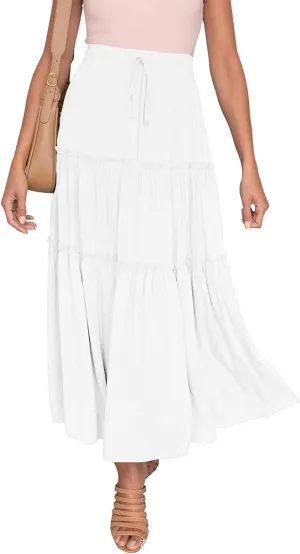 Women's Flowy Maxi Skirt A-Line Pleated Drawstring Skirt Elastic Waist Boho Summer Long Beach Dress
