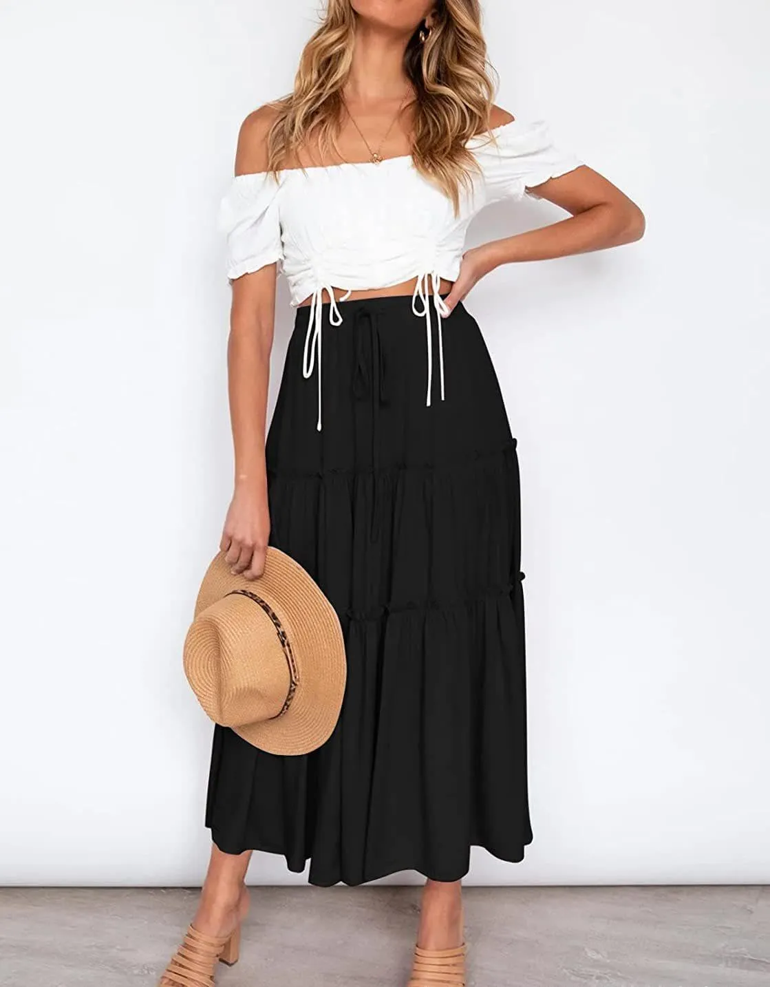 Women's Flowy Maxi Skirt A-Line Pleated Drawstring Skirt Elastic Waist Boho Summer Long Beach Dress