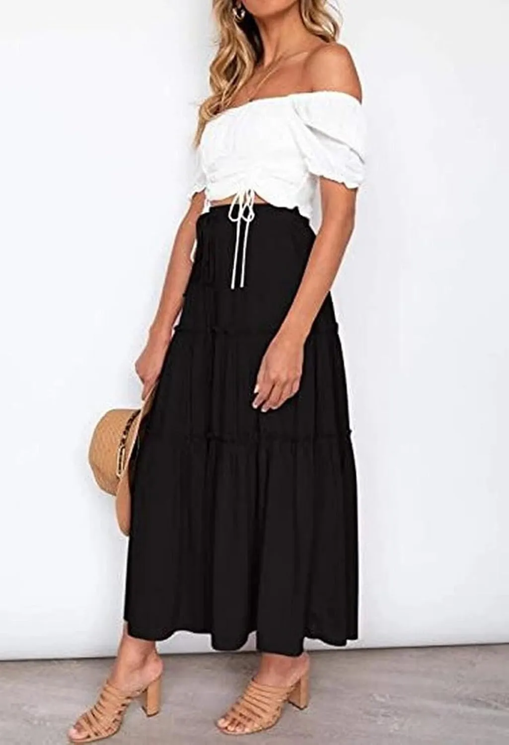Women's Flowy Maxi Skirt A-Line Pleated Drawstring Skirt Elastic Waist Boho Summer Long Beach Dress