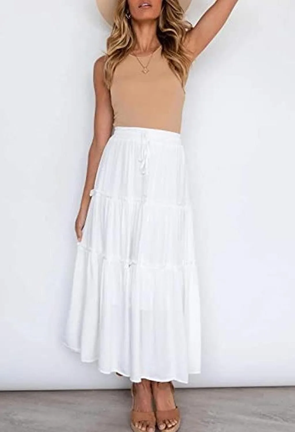Women's Flowy Maxi Skirt A-Line Pleated Drawstring Skirt Elastic Waist Boho Summer Long Beach Dress