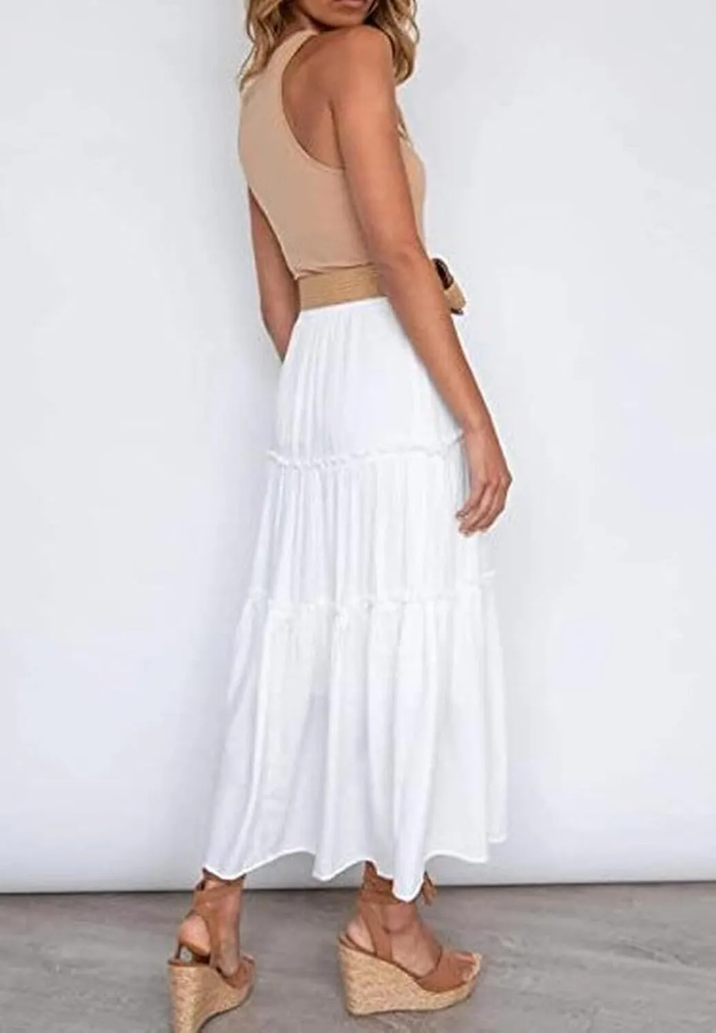 Women's Flowy Maxi Skirt A-Line Pleated Drawstring Skirt Elastic Waist Boho Summer Long Beach Dress