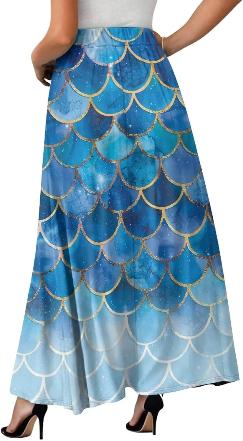 Women's Flowy Maxi Skirt High Waisted Casual Stretch Skirts with Pockets Full Length Skirt for Party Festival S-2XL
