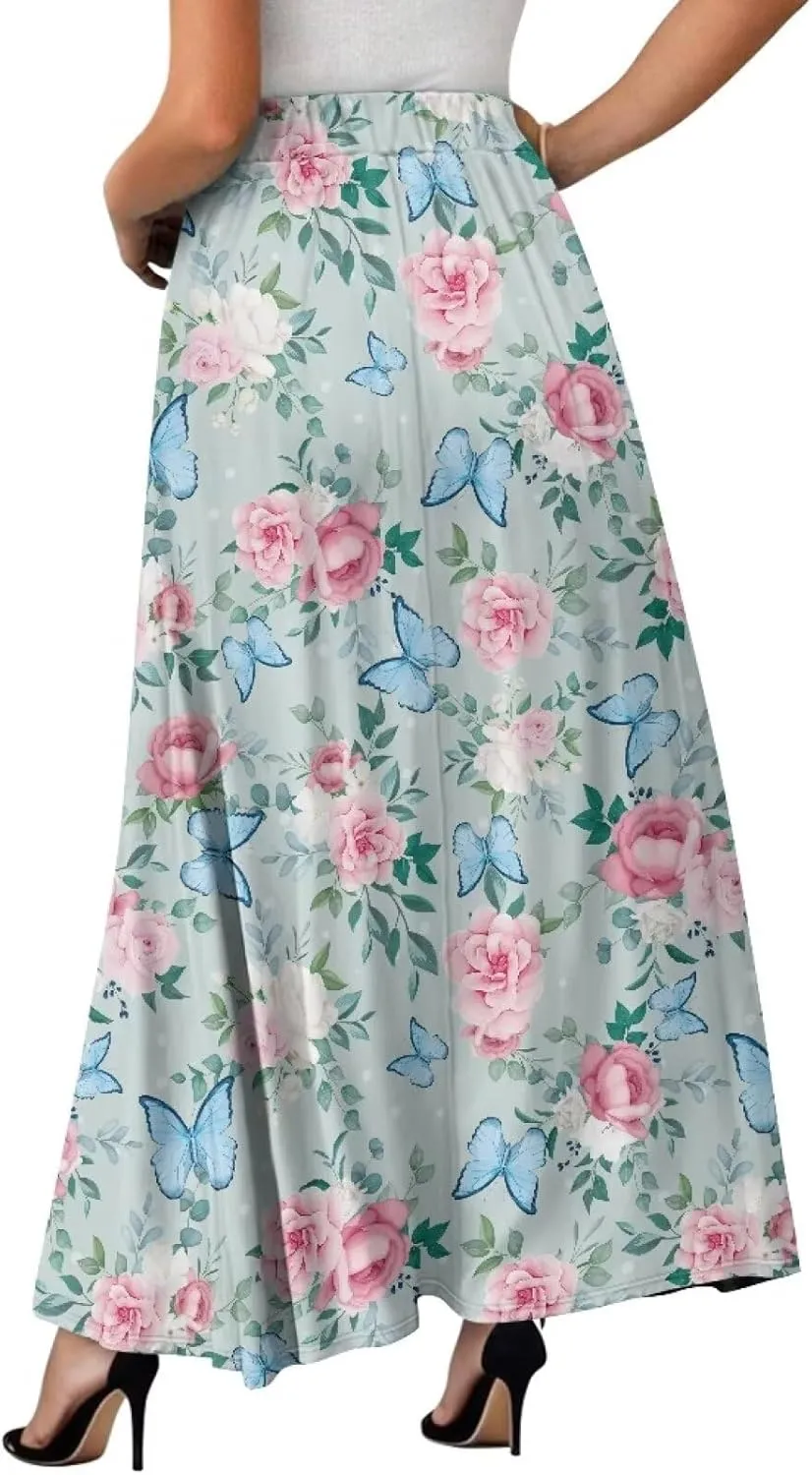 Women's Flowy Maxi Skirt High Waisted Casual Stretch Skirts with Pockets Full Length Skirt for Party Festival S-2XL