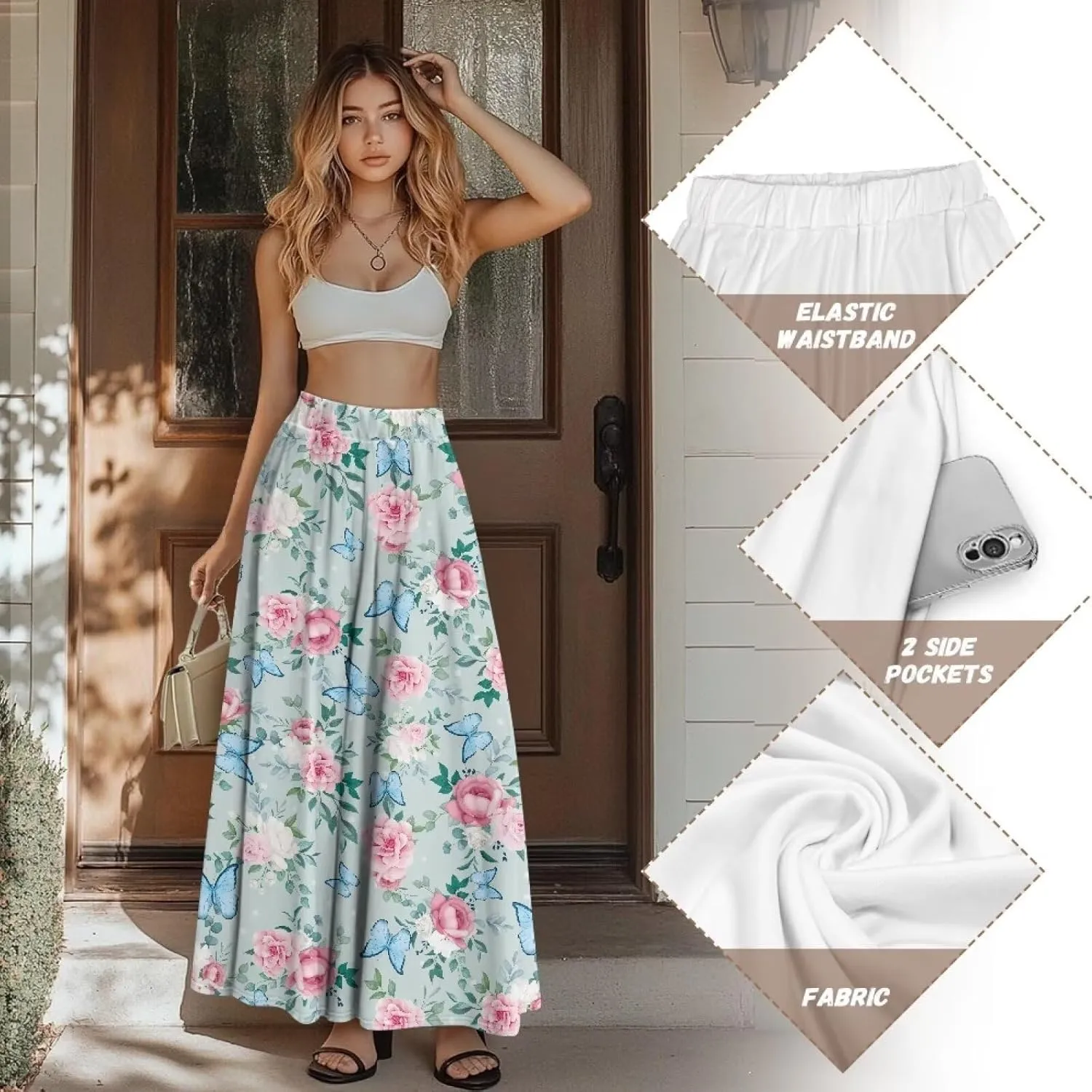 Women's Flowy Maxi Skirt High Waisted Casual Stretch Skirts with Pockets Full Length Skirt for Party Festival S-2XL