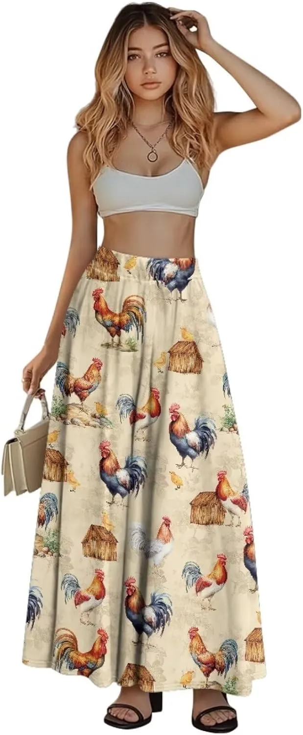 Women's Flowy Maxi Skirt High Waisted Casual Stretch Skirts with Pockets Full Length Skirt for Party Festival S-2XL