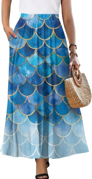Women's Flowy Maxi Skirt High Waisted Casual Stretch Skirts with Pockets Full Length Skirt for Party Festival S-2XL