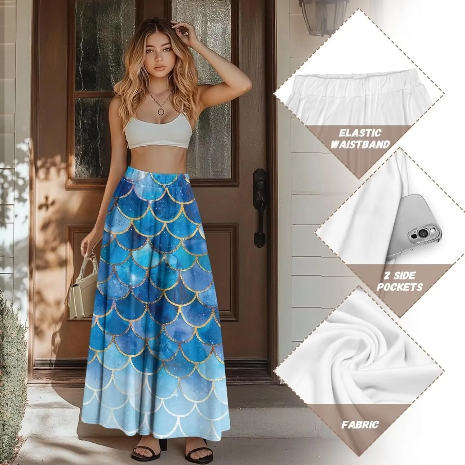 Women's Flowy Maxi Skirt High Waisted Casual Stretch Skirts with Pockets Full Length Skirt for Party Festival S-2XL