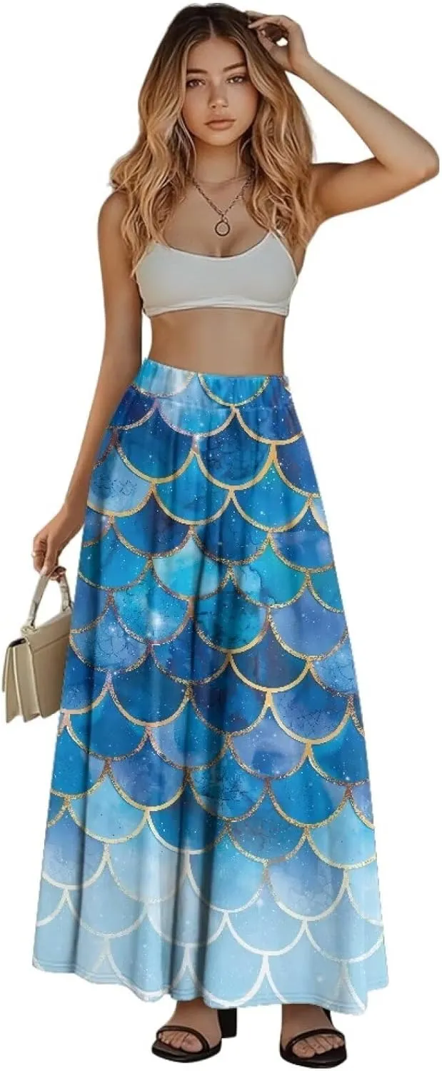 Women's Flowy Maxi Skirt High Waisted Casual Stretch Skirts with Pockets Full Length Skirt for Party Festival S-2XL