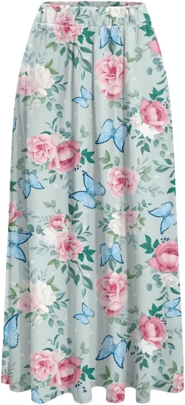 Women's Flowy Maxi Skirt High Waisted Casual Stretch Skirts with Pockets Full Length Skirt for Party Festival S-2XL