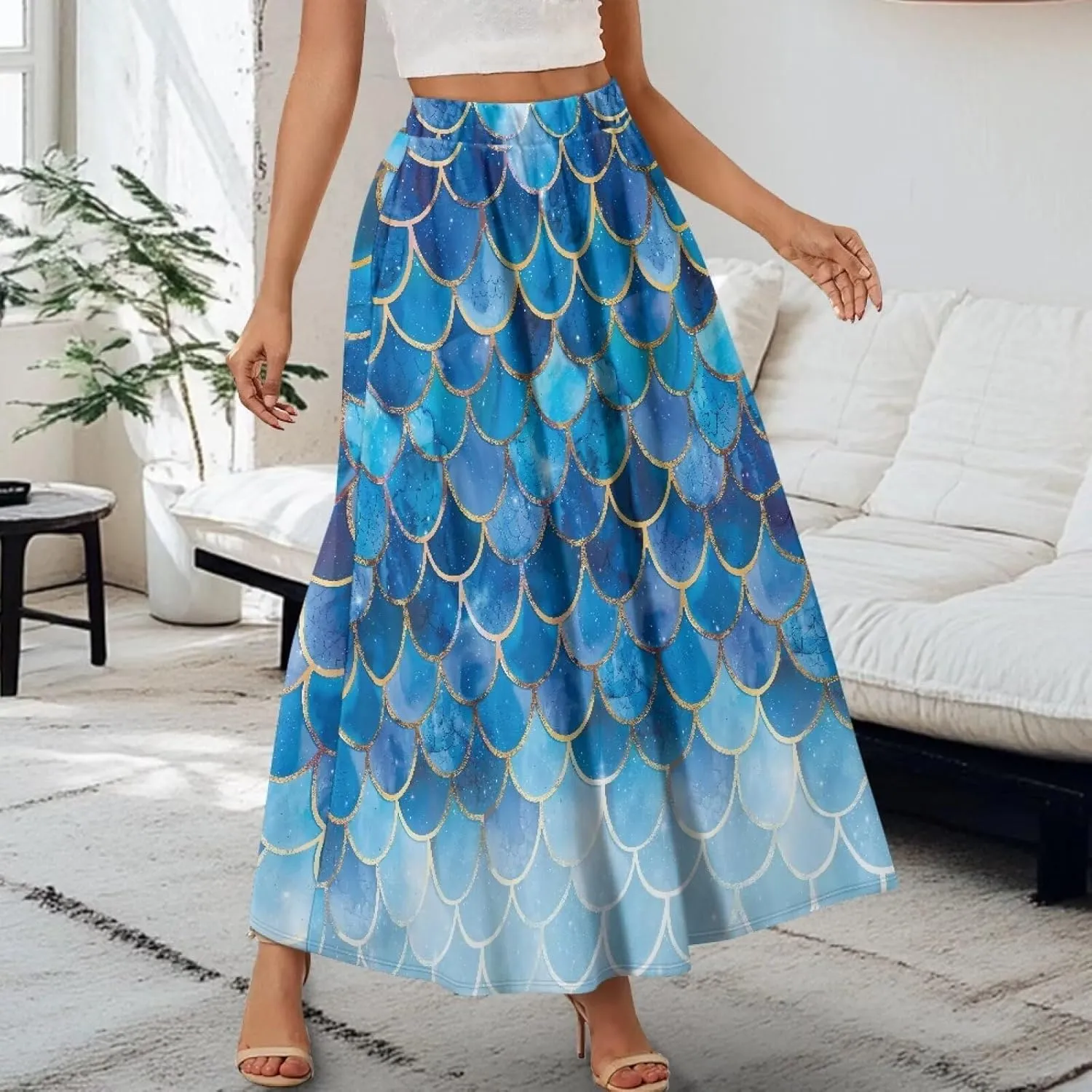 Women's Flowy Maxi Skirt High Waisted Casual Stretch Skirts with Pockets Full Length Skirt for Party Festival S-2XL