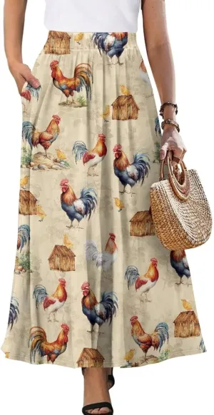 Women's Flowy Maxi Skirt High Waisted Casual Stretch Skirts with Pockets Full Length Skirt for Party Festival S-2XL