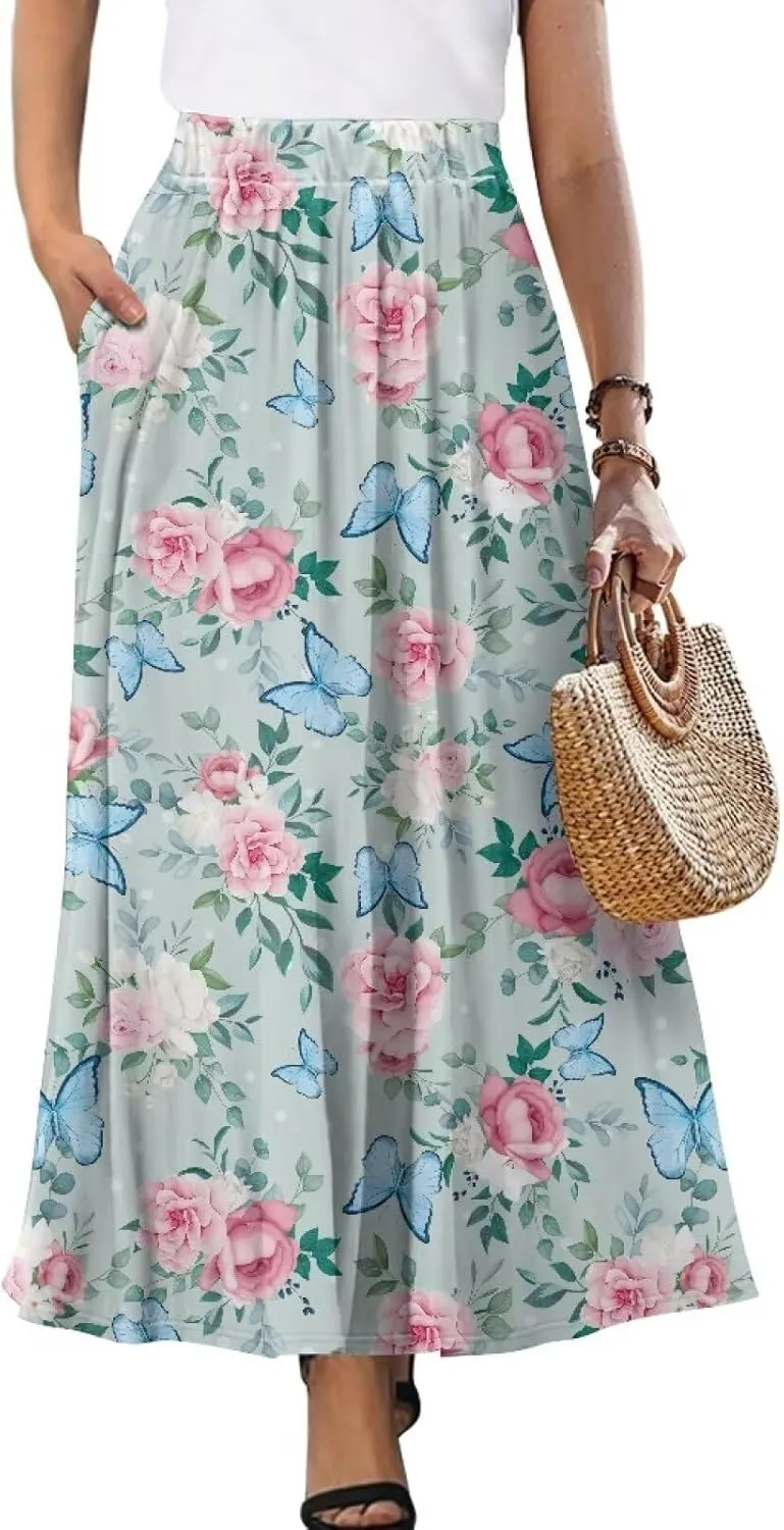 Women's Flowy Maxi Skirt High Waisted Casual Stretch Skirts with Pockets Full Length Skirt for Party Festival S-2XL