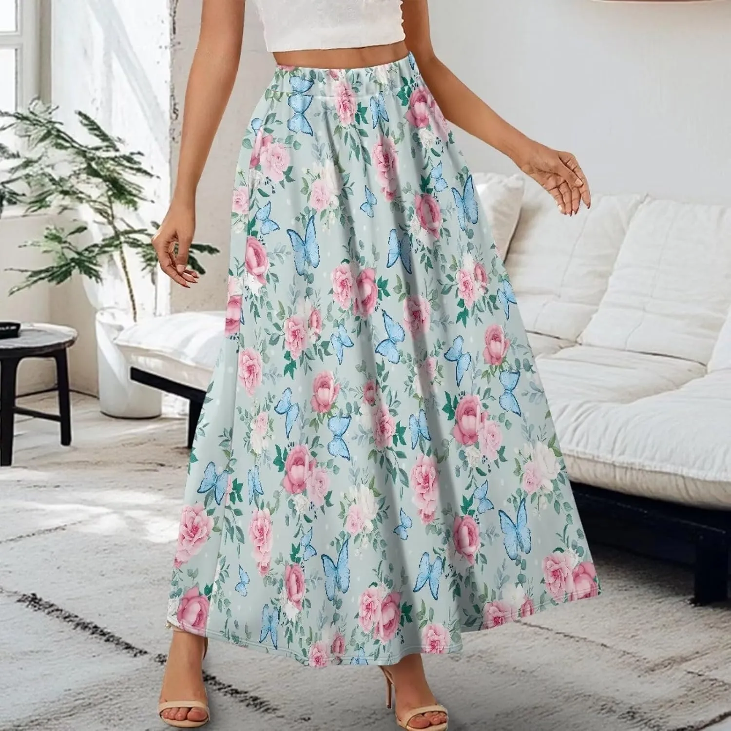 Women's Flowy Maxi Skirt High Waisted Casual Stretch Skirts with Pockets Full Length Skirt for Party Festival S-2XL