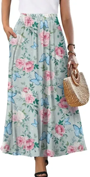 Women's Flowy Maxi Skirt High Waisted Casual Stretch Skirts with Pockets Full Length Skirt for Party Festival S-2XL